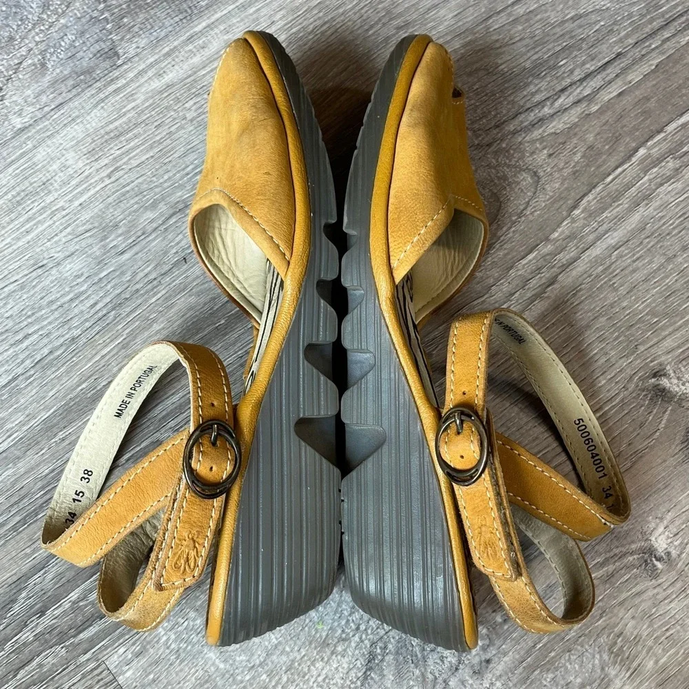 Fly London Yellow Leather‎ Wedge Peep Toe Ankle Strap Sandals EU 38 US 7.5